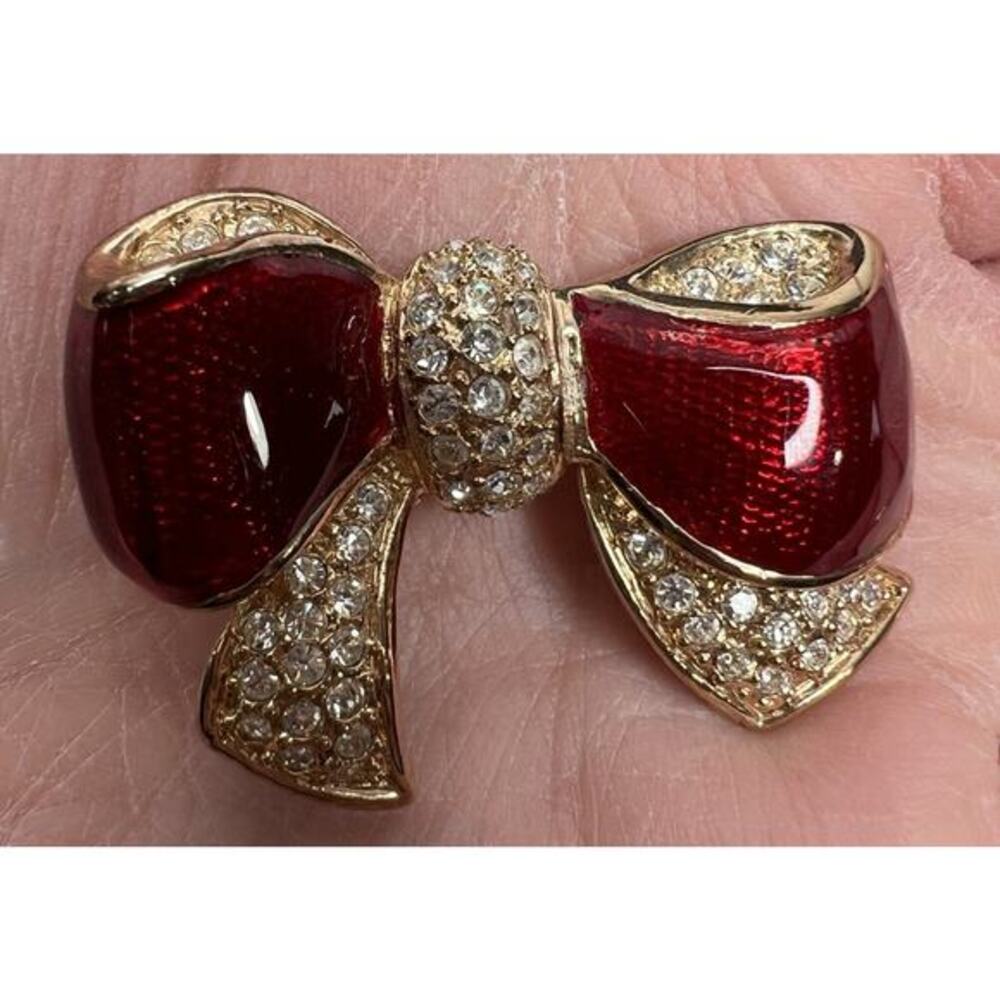 Vintage Fashion Gold Tone Red Enamel Rhinestone Ribbon Bow Brooch Pin